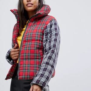 ASOS plaid oversized neck padded jacket Red Blue SZ 10